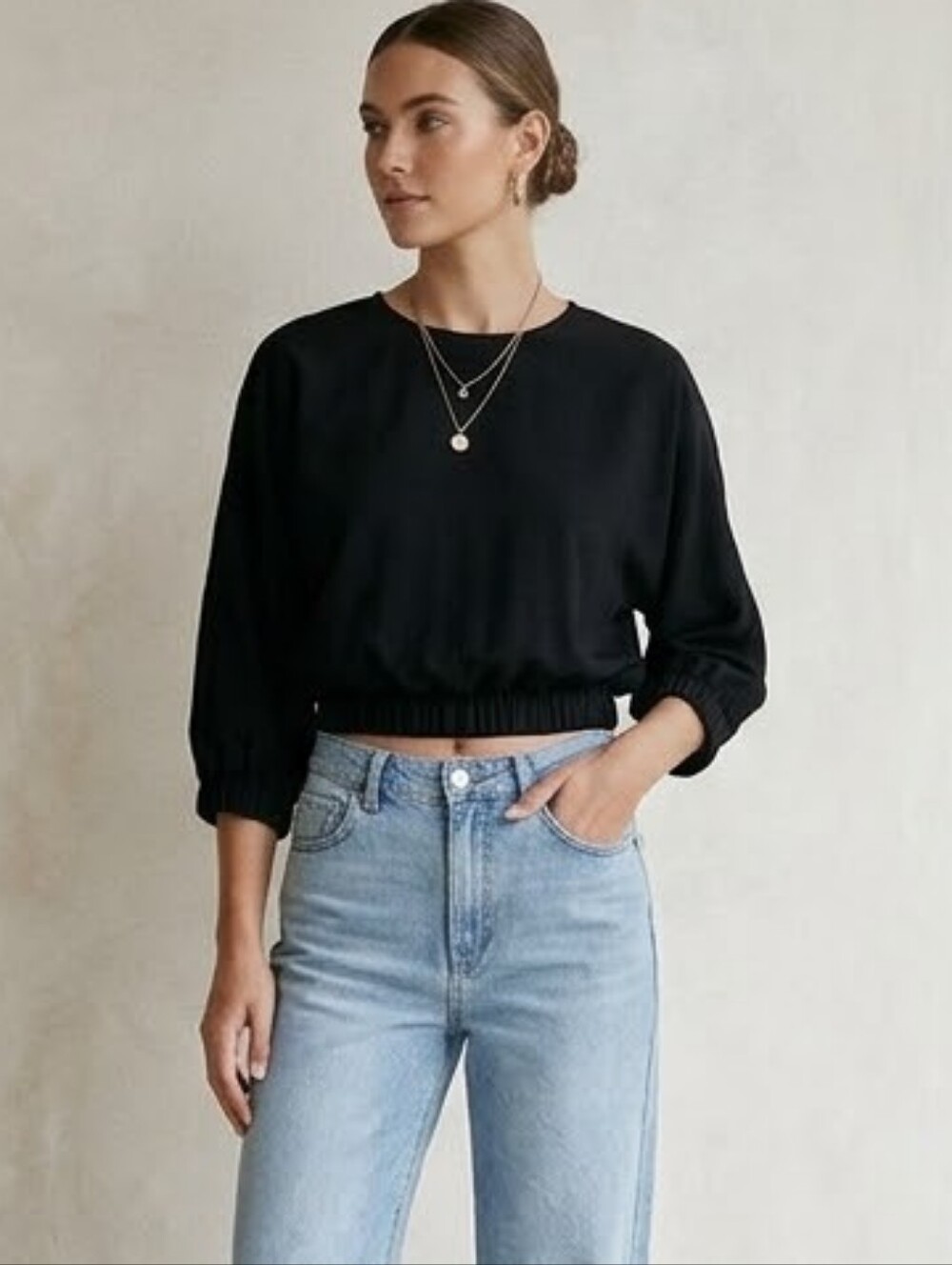 Black Cropped Dolman Sleeve Top - Casual Women's Crop - Picture 1 of 8